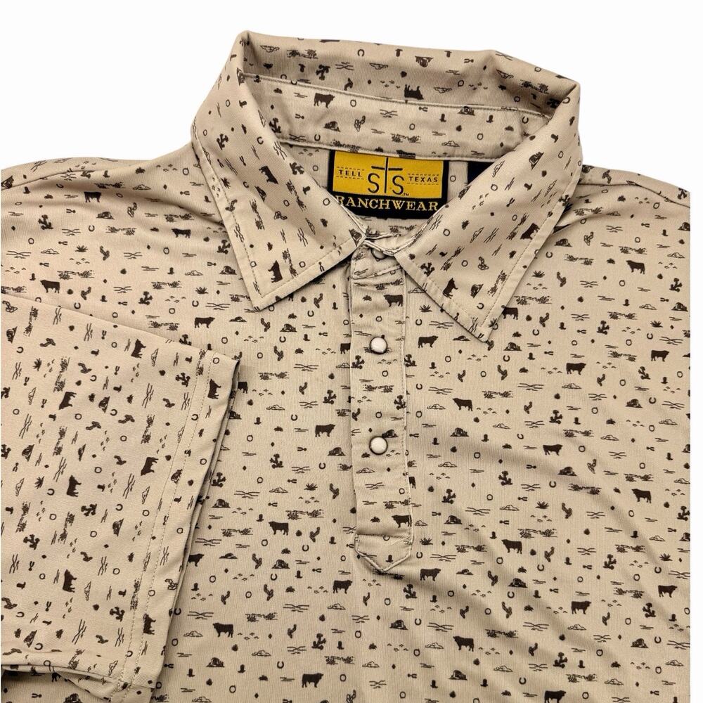STS Ranchwear Fairway Polo Shirt Men's Large Chocolate Brown Western Print Texas